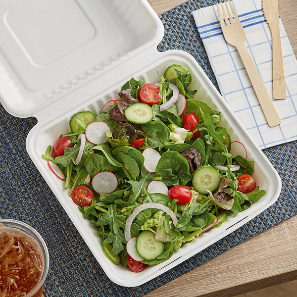 EcoChoice 9" x 9" x 3" Compostable No PFAS Added White Plant Fiber 1 Compartment Take-Out Box - 200/Case