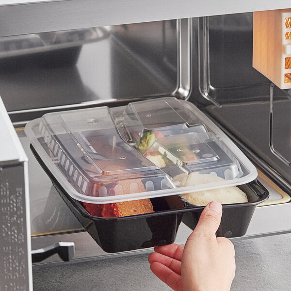 Choice 36 oz. Black 3-Compartment Rectangular Microwavable Heavy Weight Container with Lid - 150/Case