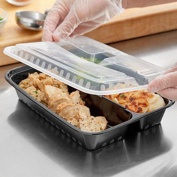 Choice 36 oz. Black 3-Compartment Rectangular Microwavable Heavy Weight Container with Lid - 150/Case