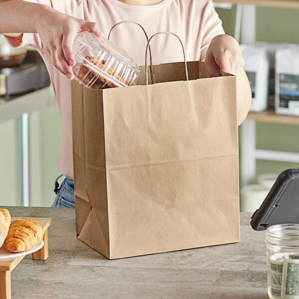 Duro 10" x 6 3/4" x 12" Bistro Natural Kraft Paper Shopping Bag with Handles - 250/Bundle