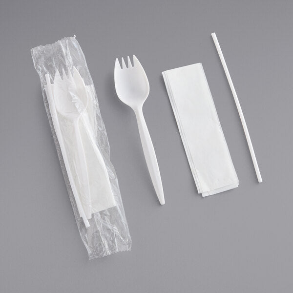Choice Medium Weight White Wrapped Polypropylene Plastic Spork, Napkin, and Salt / Pepper Packets Kit - 500/Case