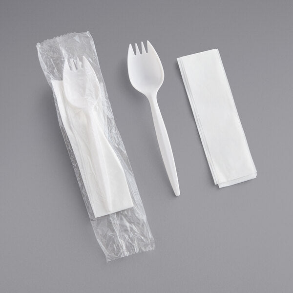 Choice Medium Weight White Wrapped Polypropylene Plastic Spork, Napkin, and Salt / Pepper Packets Kit - 500/Case
