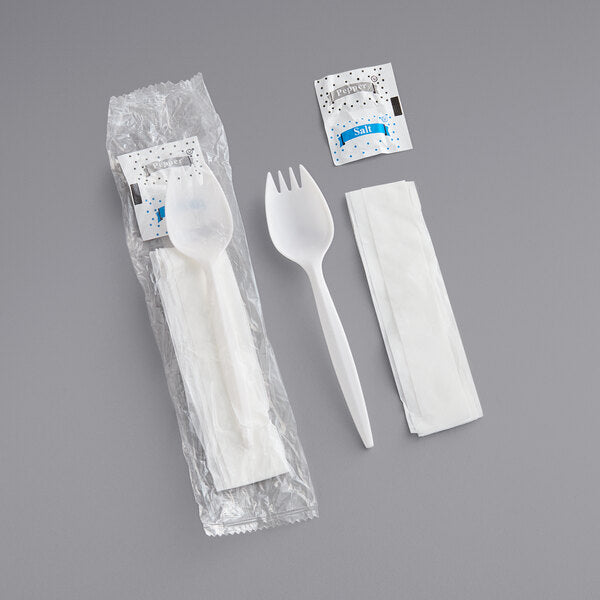 Choice Medium Weight White Wrapped Polypropylene Plastic Spork, Napkin, and Salt / Pepper Packets Kit - 500/Case