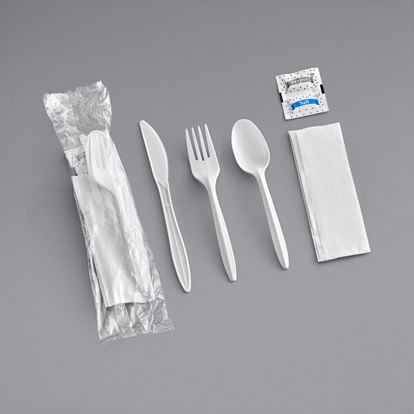 Choice Medium Weight White Wrapped Polypropylene Plastic Spork, Napkin, and Salt / Pepper Packets Kit - 500/Case