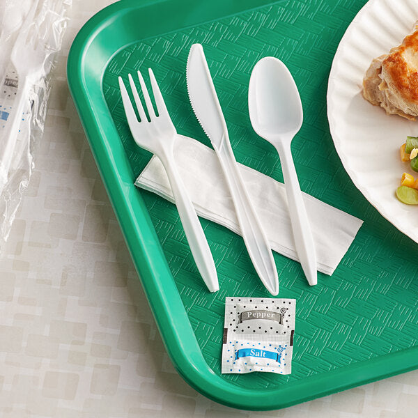 Choice Medium Weight White Wrapped Polypropylene Plastic Spork, Napkin, and Salt / Pepper Packets Kit - 500/Case
