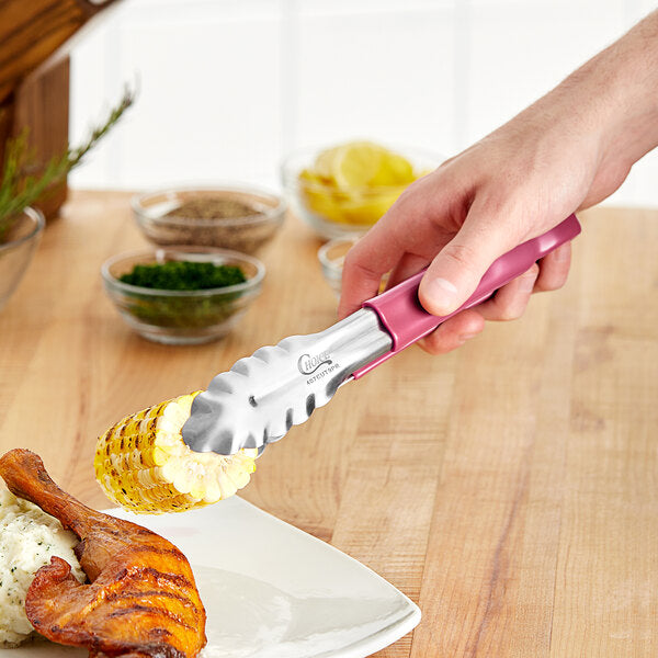 Choice 9 1/2" Black Coated Handle Stainless Steel Scalloped Tongs