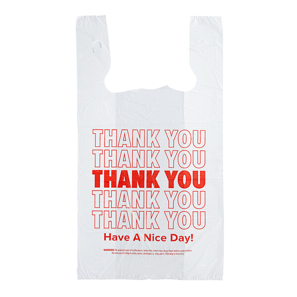 Choice 1/8 Small Size White "Thank You" Standard-Duty Plastic T-Shirt Bag - 1,000/Case