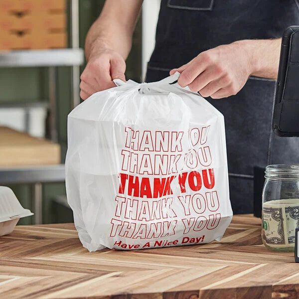 Choice 1/8 Small Size White "Thank You" Standard-Duty Plastic T-Shirt Bag - 1,000/Case