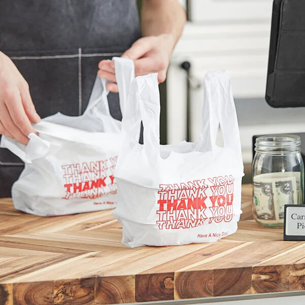 Choice 1/8 Small Size White "Thank You" Standard-Duty Plastic T-Shirt Bag - 1,000/Case