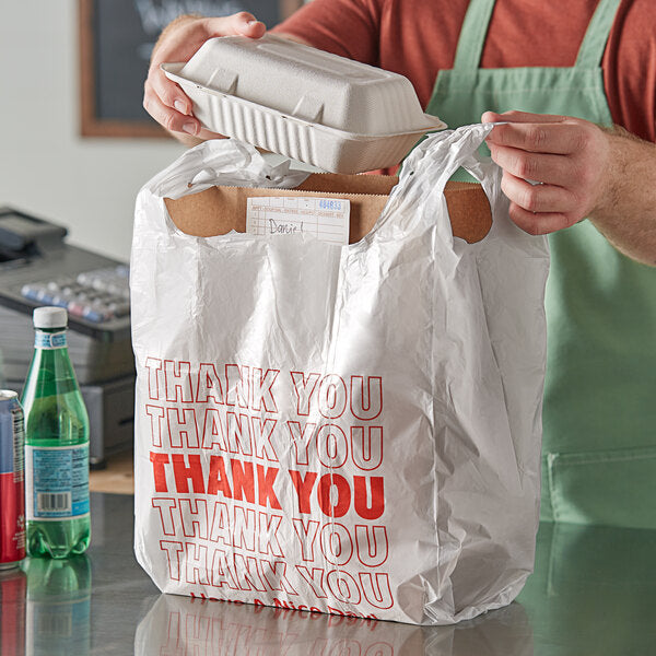 Choice 1/8 Small Size White "Thank You" Standard-Duty Plastic T-Shirt Bag - 1,000/Case