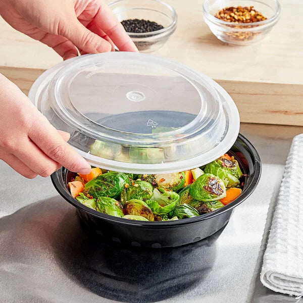 Choice 24 oz. Black Round Microwavable Heavy Weight Container with Lid - 150/Case