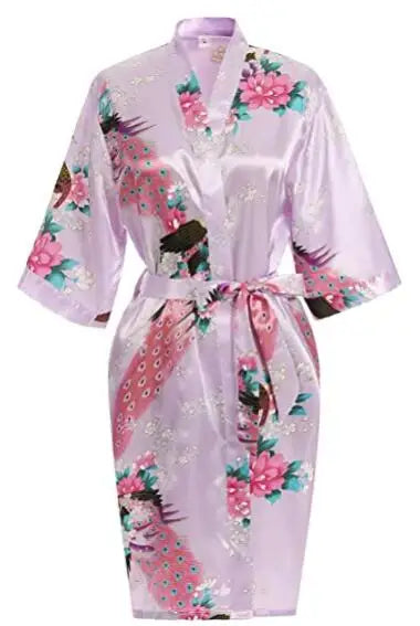 Satin Silk Crane Print Kimono Robe