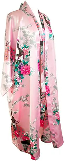 Satin Silk Crane Print Kimono Robe