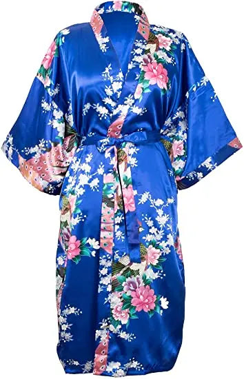 Satin Silk Crane Print Kimono Robe