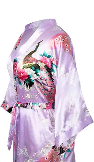 Satin Silk Crane Print Kimono Robe