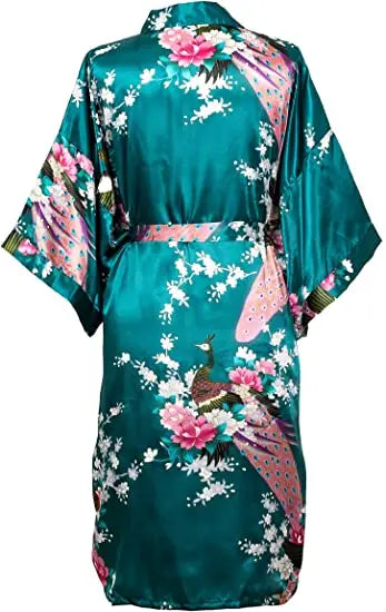 Satin Silk Crane Print Kimono Robe