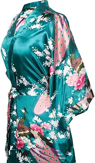 Satin Silk Crane Print Kimono Robe
