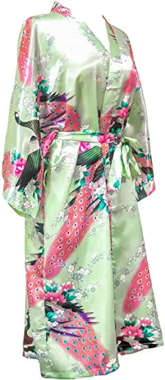 Satin Silk Crane Print Kimono Robe