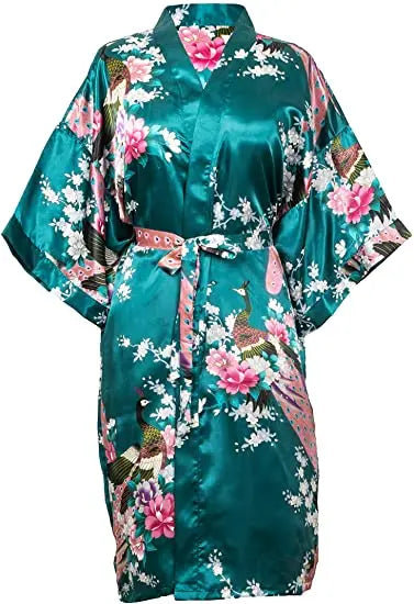 Satin Silk Crane Print Kimono Robe