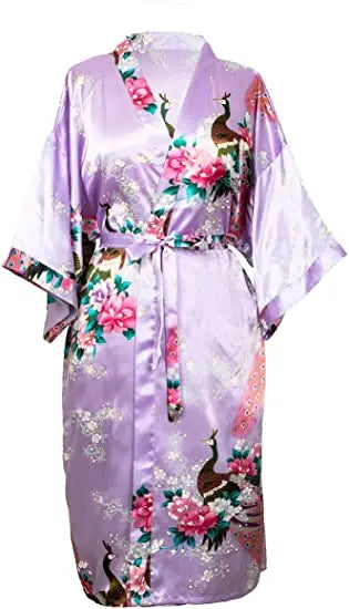 Satin Silk Crane Print Kimono Robe