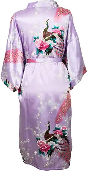 Satin Silk Crane Print Kimono Robe
