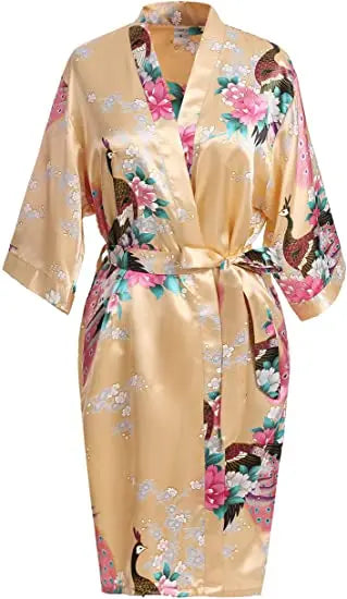 Satin Silk Crane Print Kimono Robe