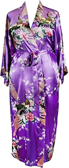 Satin Silk Crane Print Kimono Robe