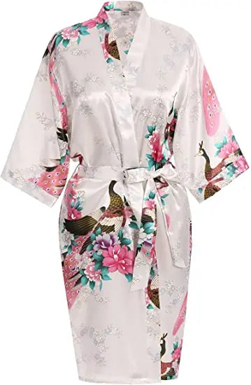Satin Silk Crane Print Kimono Robe