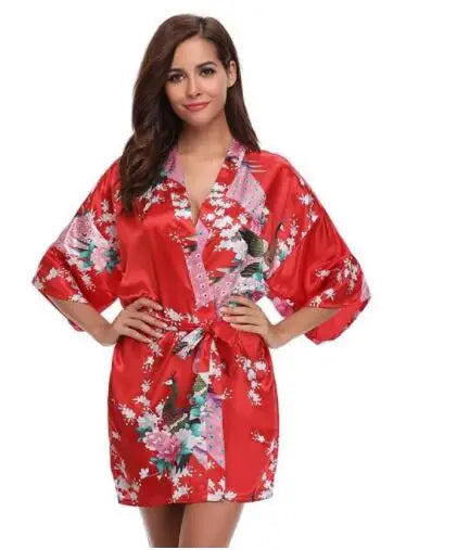 Satin Silk Crane Print Kimono Robe