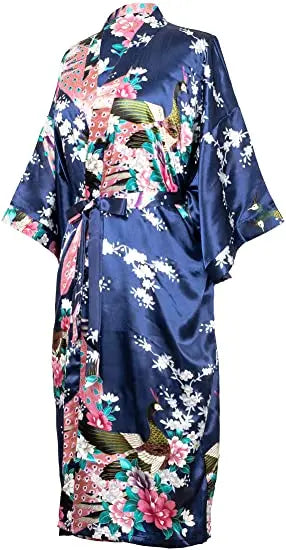 Satin Silk Crane Print Kimono Robe