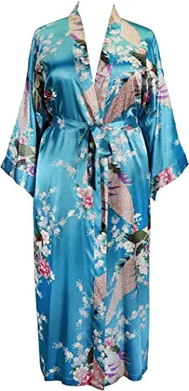 Satin Silk Crane Print Kimono Robe
