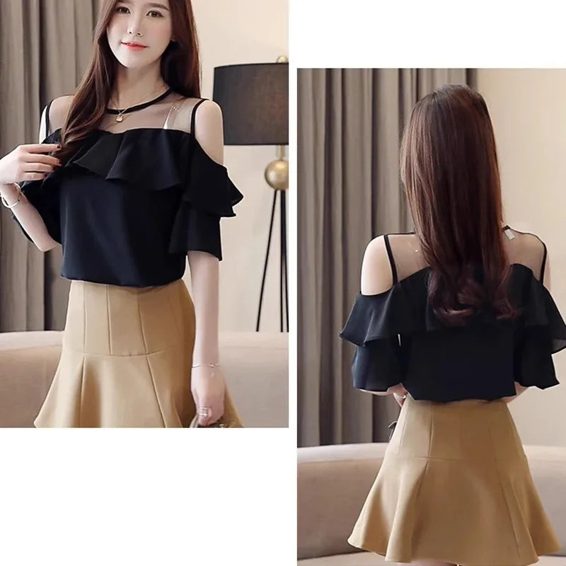 Elegant Mesh Chiffon Ruffle Blouse
