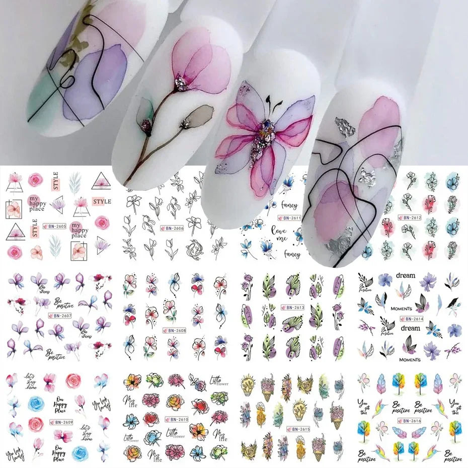 12-Sheet Floral Water Transfer Nail Stickers