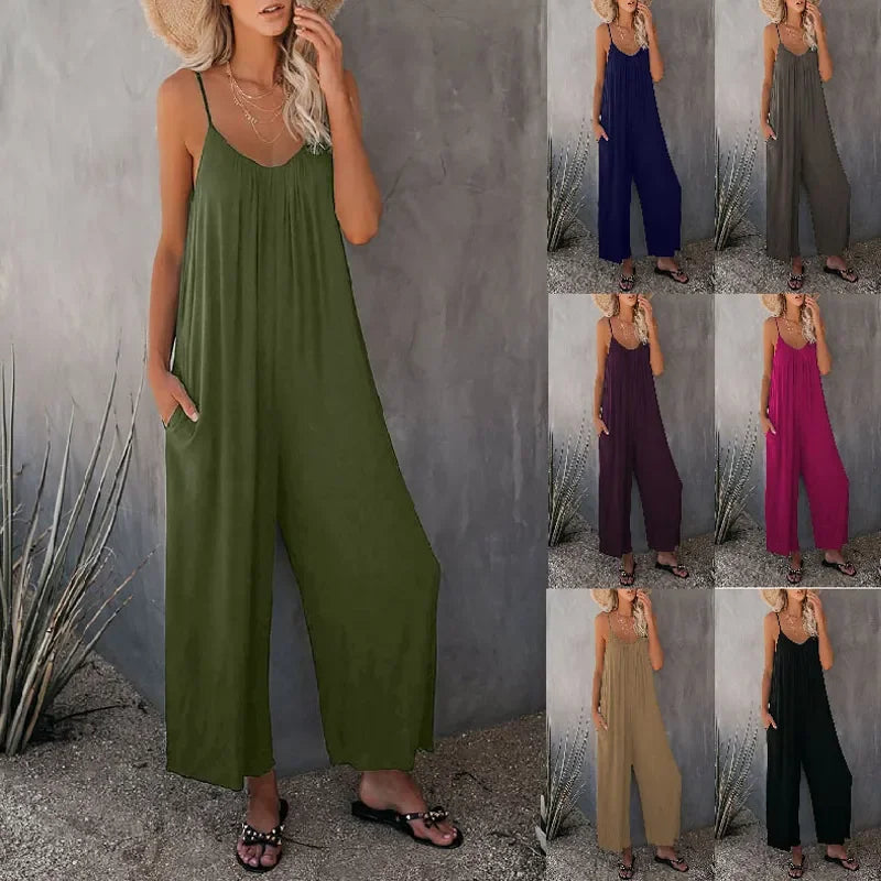 Summer Solid Color Pocket Jumpsuit