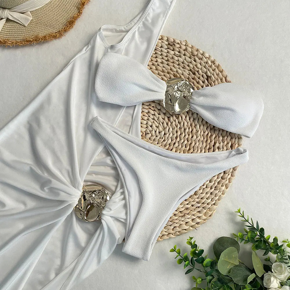 SERENECHIC 2025 New Sexy There-piece Swimsuit Solid Strapless Bikini Set with Long Skirt Cover-Up Women's Bathing Suit Beachwear