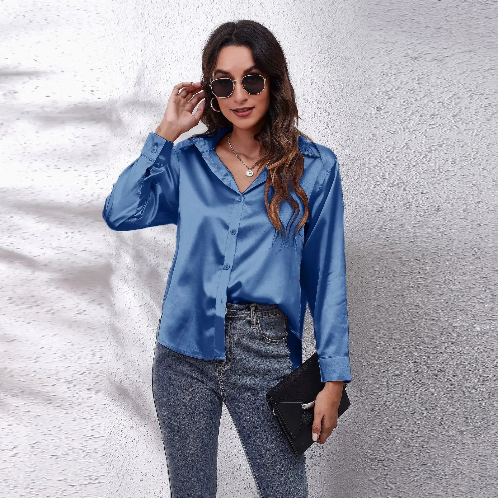Elegant Satin Silk Long Sleeve Button-Up Shirt