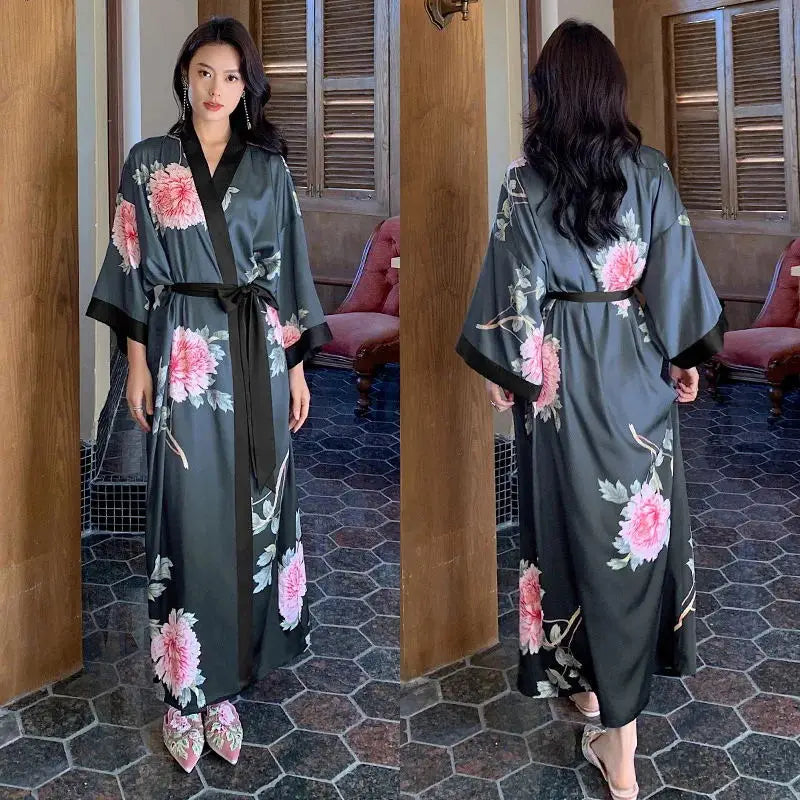 Black Print Flower Long Robe Nightgown Spring Summer Half Sleeve Kimono Bathrobe Gown Women Sexy Rayon Home Dress Loungewear