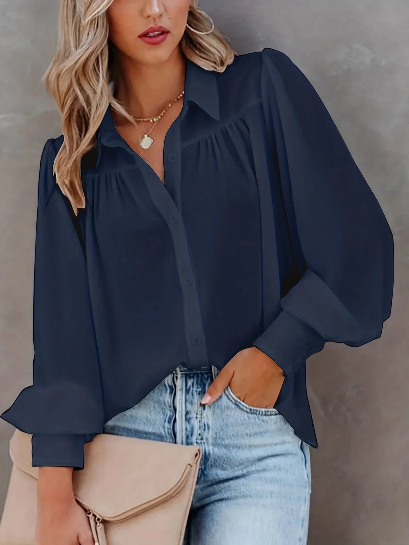 Plus Size Lantern Sleeve Button-Up Blouse