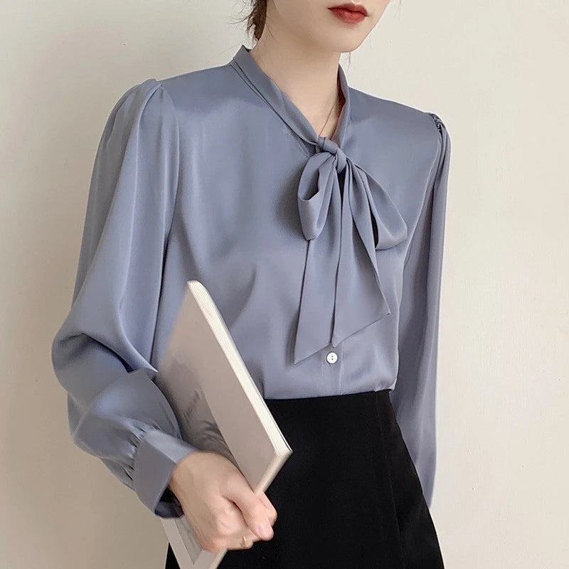 Blue Satin Bow Blouse
