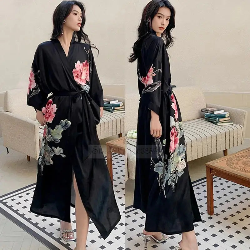 Black Print Flower Long Robe Nightgown Spring Summer Half Sleeve Kimono Bathrobe Gown Women Sexy Rayon Home Dress Loungewear