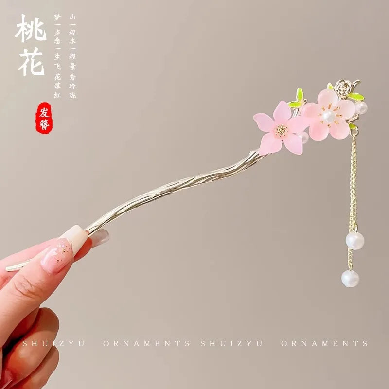 Elegant Chinese Enameled Flower Tassel Hairpin