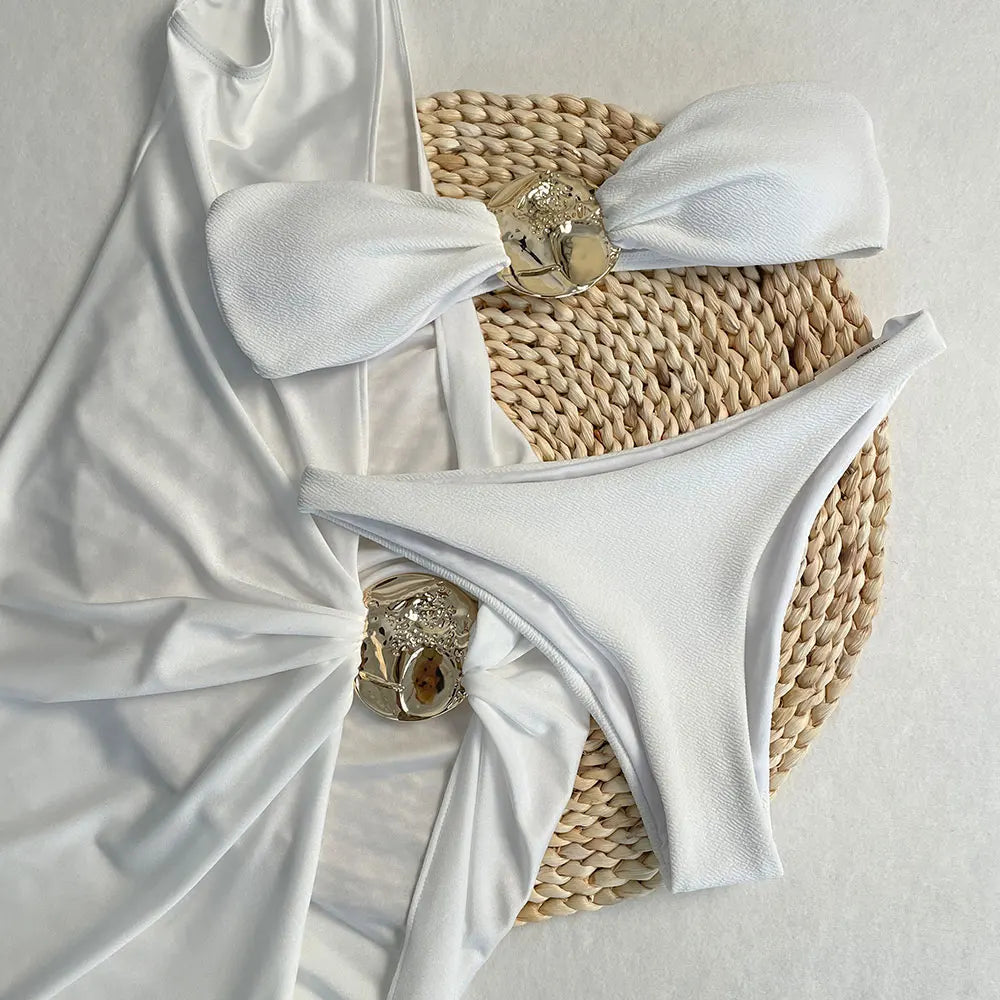 SERENECHIC 2025 New Sexy There-piece Swimsuit Solid Strapless Bikini Set with Long Skirt Cover-Up Women's Bathing Suit Beachwear