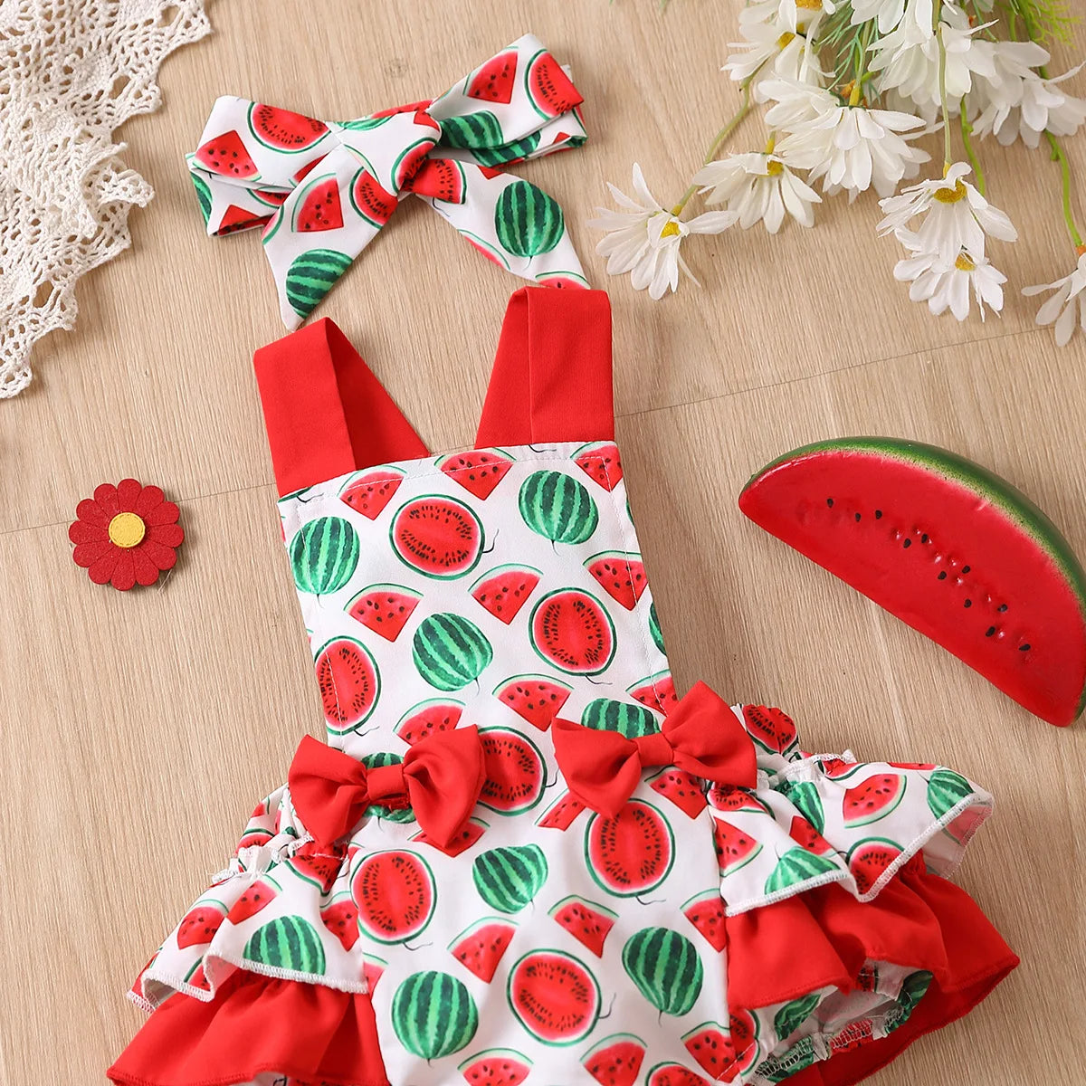 Summer Watermelon Printed Romper and Hairband Set