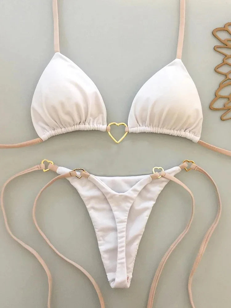 White Low Waist Lace-Up Two-Piece Bikini Set