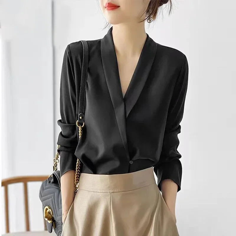 Elegant V-Neck Silk Satin Tunic Blouse