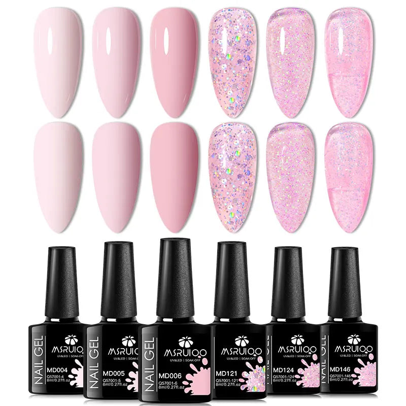 6-Piece Nude Pink Red Glitter Gel Nail Polish Set