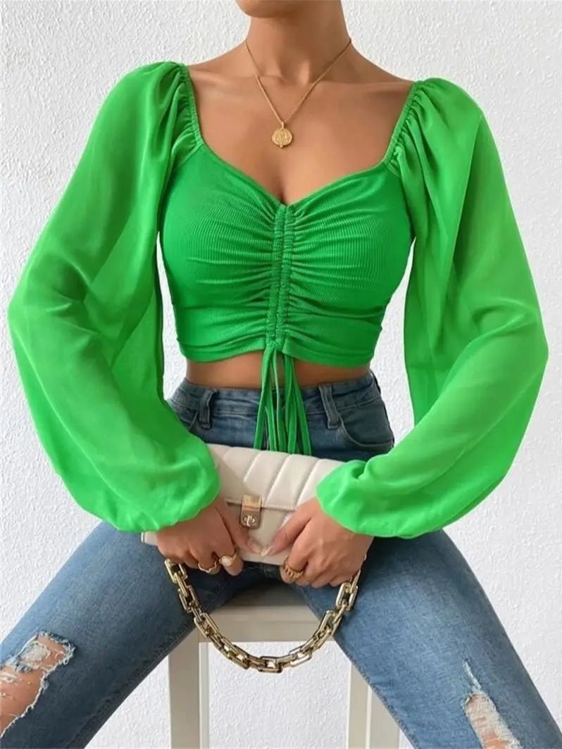 Lace-Up V-Neck Puff Sleeve Top