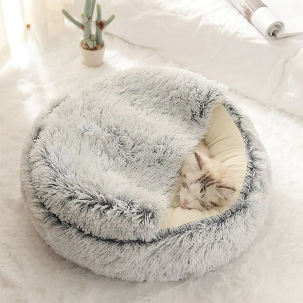 Round Plush Cat Bed Enclosed Sleep Bag