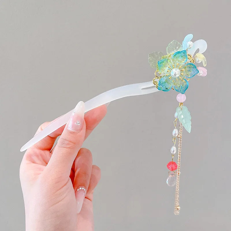 Elegant Chinese Enameled Flower Tassel Hairpin
