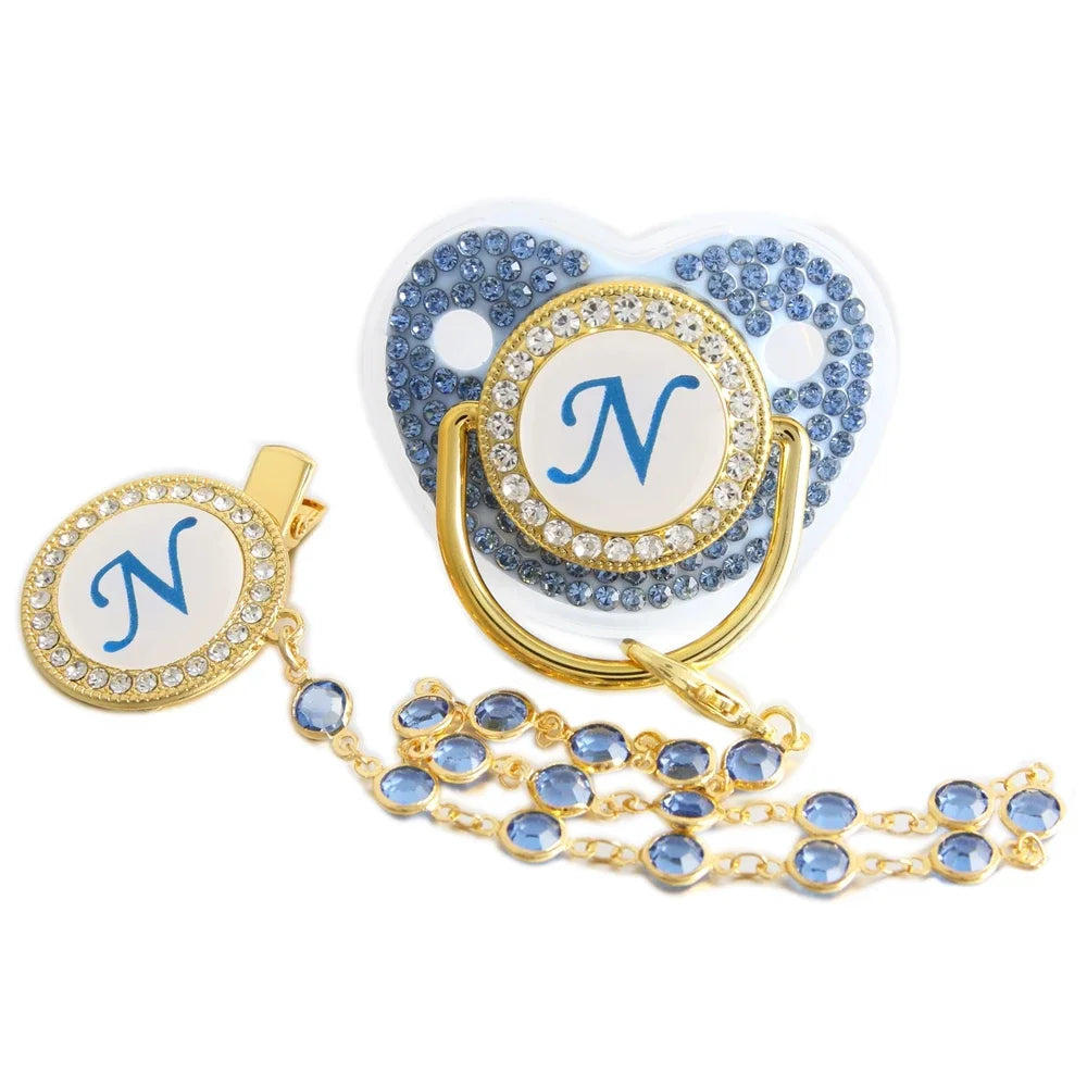 Blue Letter Pacifier with Beaded Gem Clip